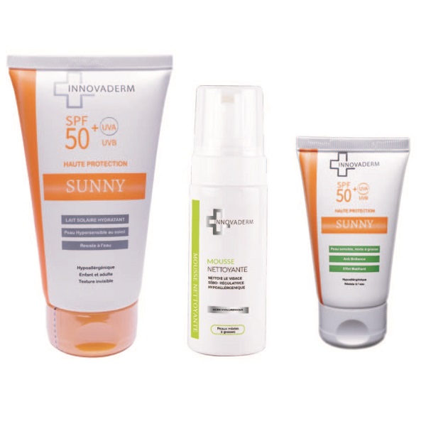1PACK  INNOVADERM LAIT SOLAIRE SPF 50+150ML + ECRNA PEAU MIXTE A GRASSE SPF50+ 50ML + MOUSSE NETTOYANT 150 ML