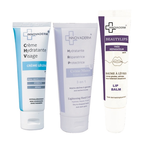 1 PACK INNOVADERM HYDRATATION CREME VISAGE + CREME MAIN ECLAIRCISSANT SPF30 + BAUME A LEVRE SPF20 OFFERT