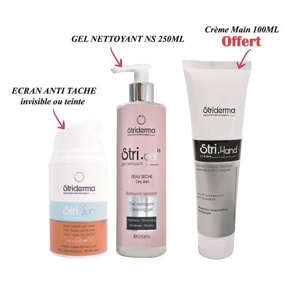 Striderma pack NORMALE A SECHE ECRAN SOLAIRE ANTI TACHE + GEL NETTOYANT 250ML + CRME MAIN ECLAIRCISSANT 100ML OFFERT