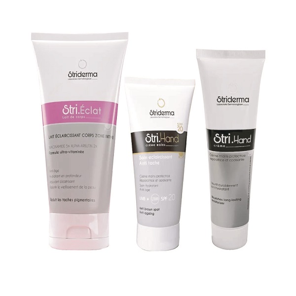Striderma pack Eclaircissant Lait de corps eclaircissant 200 ML + Creme Main Eclaircissant SPF20 75 ML + Creme Main Eclaircissant 100 ML OFFERT