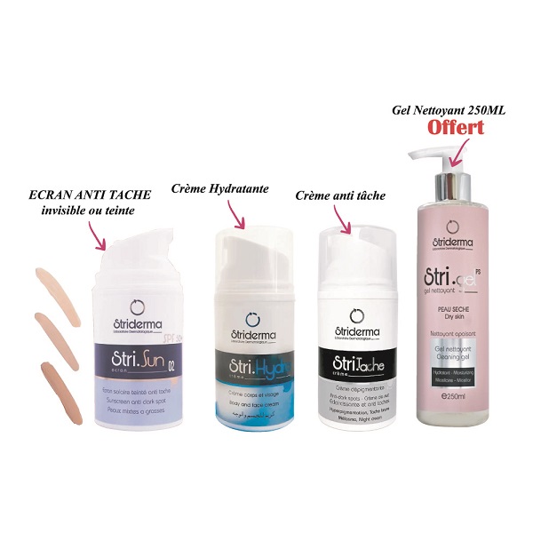 Striderma pack NORMALE A SECHE ECRAN SOLAIRE ANTI TACHE + CRME HYDRATANTE + CRME ANTI TACHE + GEL NETTOYANT 250ML OFFERT