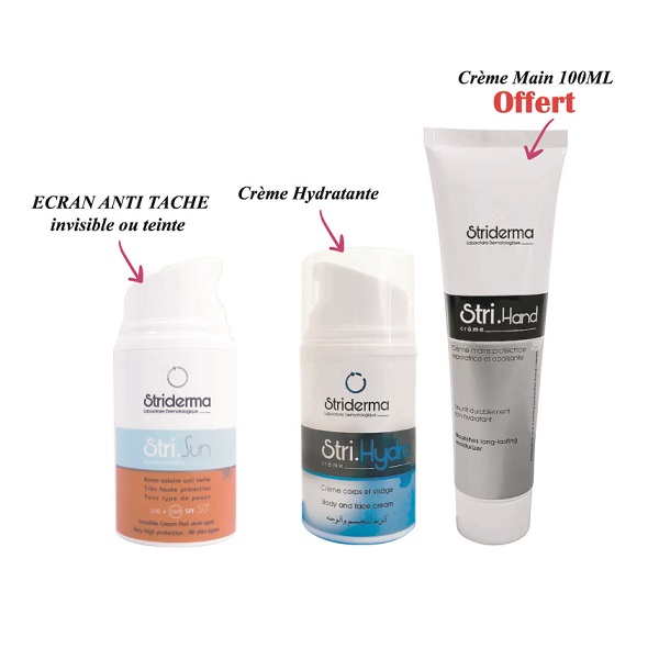 Striderma pack NORMALE A SECHE ECRAN SOLAIRE ANTI TACHE + CREME HYDRATANTE+ CRME MAIN ECLAIRCISSANT 100ML OFFERT