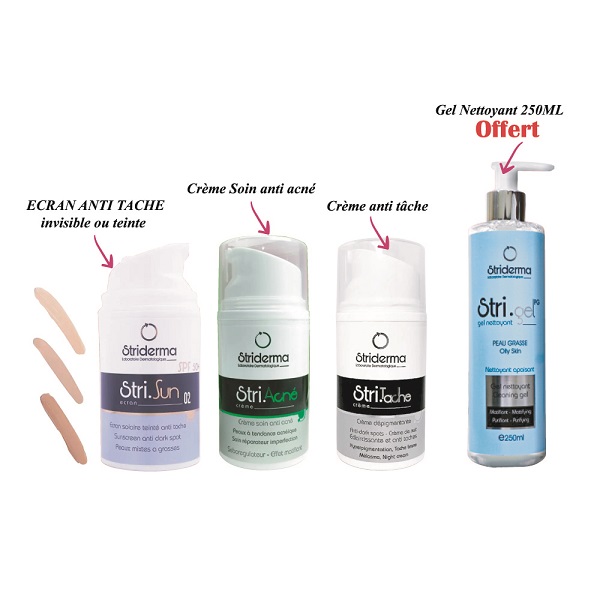 Striderma pack ACNEIQUE ECRAN SOLAIRE ANTI TACHE + CRME ACNEIQUE ANTI IMPERFECTION + CRME ANTI TACHE + Creme Main Eclaircissant 100 ML OFFERT