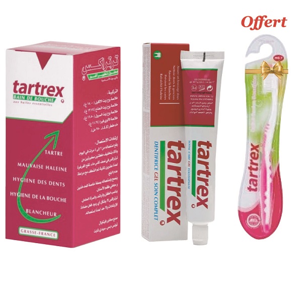 TARTREX PACK SOIN COMPLET BAIN DE BOUCHE 250 ML + DENTIFRICE GENCIVE + BROSSE A DENTE OFFERT