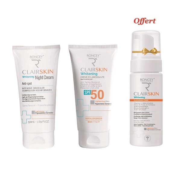 1 PACK RONCEY CLAIRSKIN COFFRET CREME DE NUIT + ECRAN SOLAIRE + MOUSSE NETTOYANT ECLAIRCISSANT OFFERT