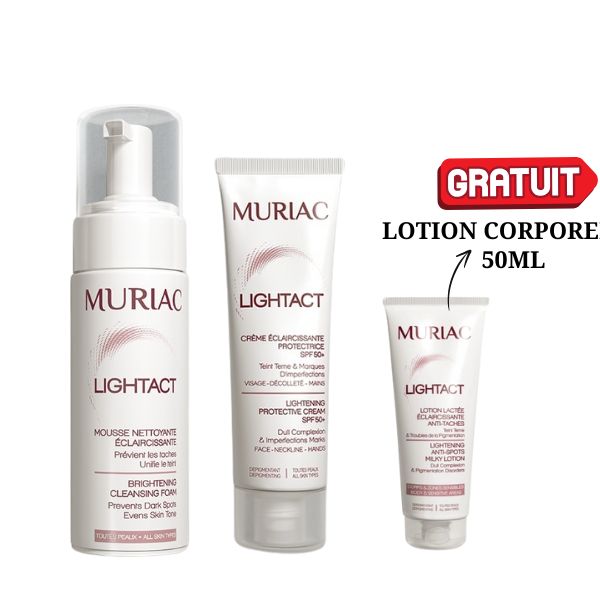 1 PACK MURIAC LIGHTACT CRÈME ÉCLAIRCISSANTE PROTECTRICE SPF50+ + MOUSSE NETTOYANT 150 ML + LOTION CORPORELLE 50ML OFFERT