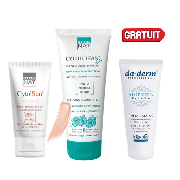 1 PACK CYTOLNAT  ECRAN TEINTE BEIGENATUREL +GEL NETTOYANT 175ML+ DA DERM CREME MAIN OFFERT