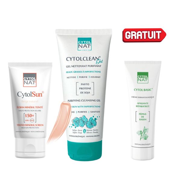 1 PACK CYTOLNAT  ECRAN TEINTE BEIGENATUREL +GEL NETTOYANT 175ML+ Cytol Basic 50 ML OFFERT